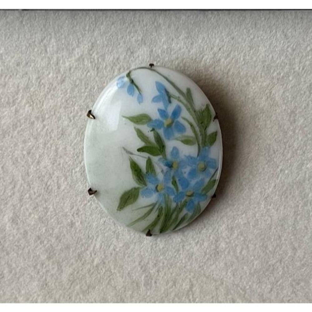 Antique Hand-Painted Porcelain Brooch Oval Blue Floral Forget Me Not
